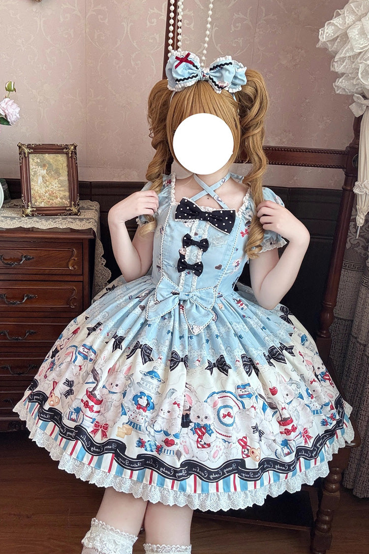 Square Collar Short Sleeve Print Ruffle Sweet Lolita Dress Blue