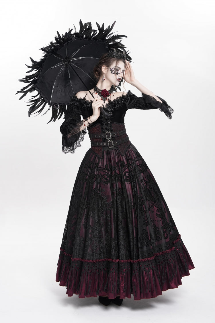 Scarlet Jacquard Embroidered Long Gothic Skirt with Buckle and Tassels