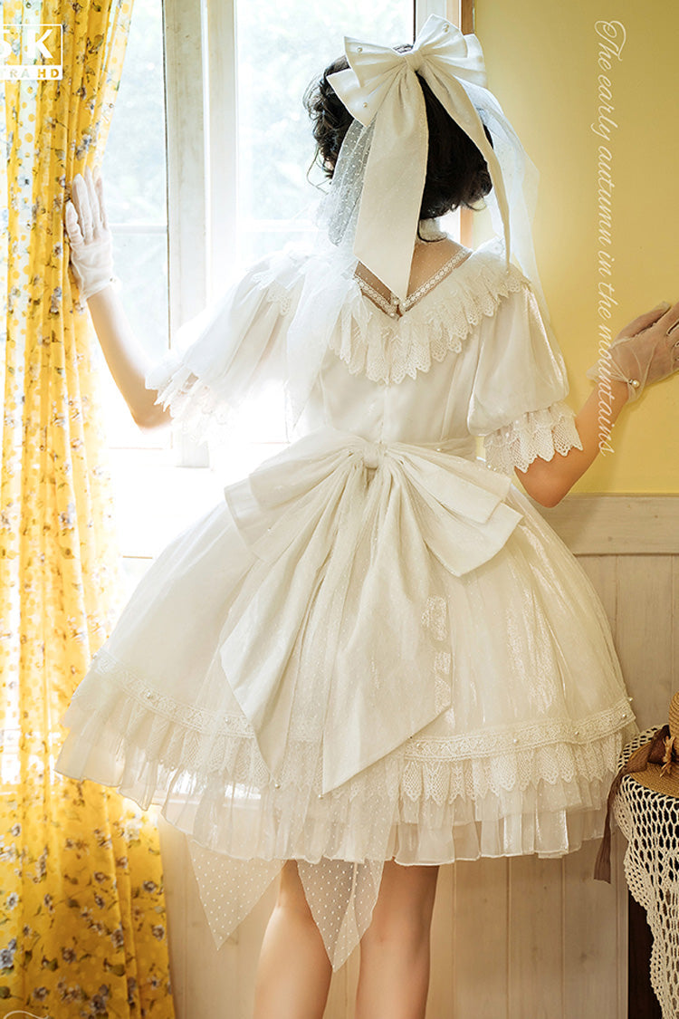 White Layered Ruffle Hanayome Hollow Bow Lace Vintage Gorgeous Lolita Dress