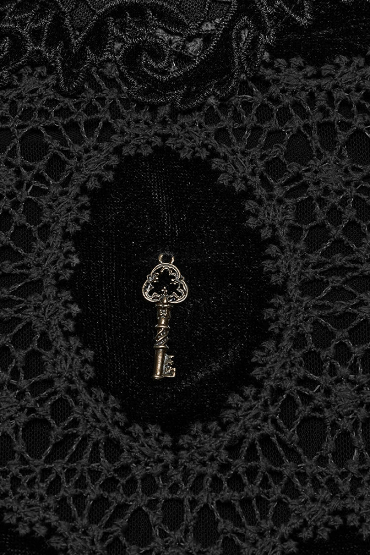 Jet-Black Gothic Blouse with Puffed Sleeves and Embroidered Print