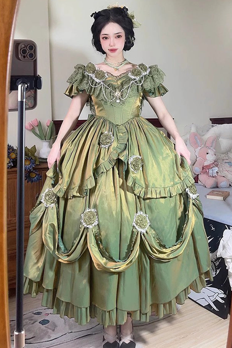 Green Rose-Printed Sweet Strapless Dress with Bowknot
