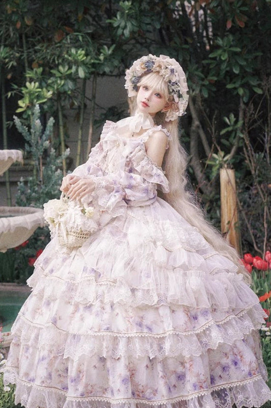Rose Letter Off Shoulder Triple-Layered Print Ruffle Hanayome Princess Lolita Dress in Blue