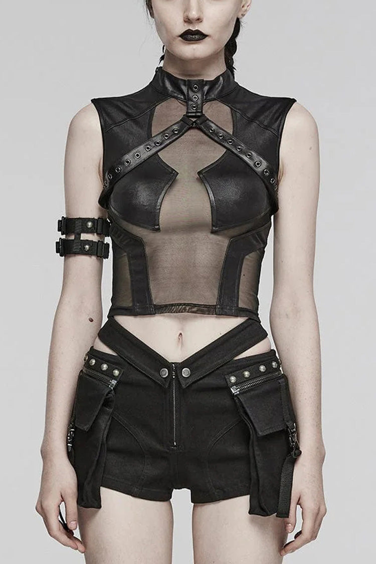 Pitch-Black Sheer Vest with Leather Stitch Details