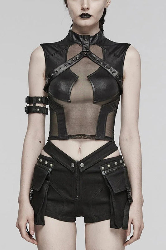 Pitch-Black Sheer Vest with Leather Stitch Details