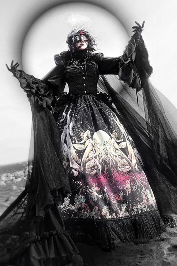 Black Reborn Ancient God Long Hime Sleeve Print Lace Gothic Lolita Skirt Set