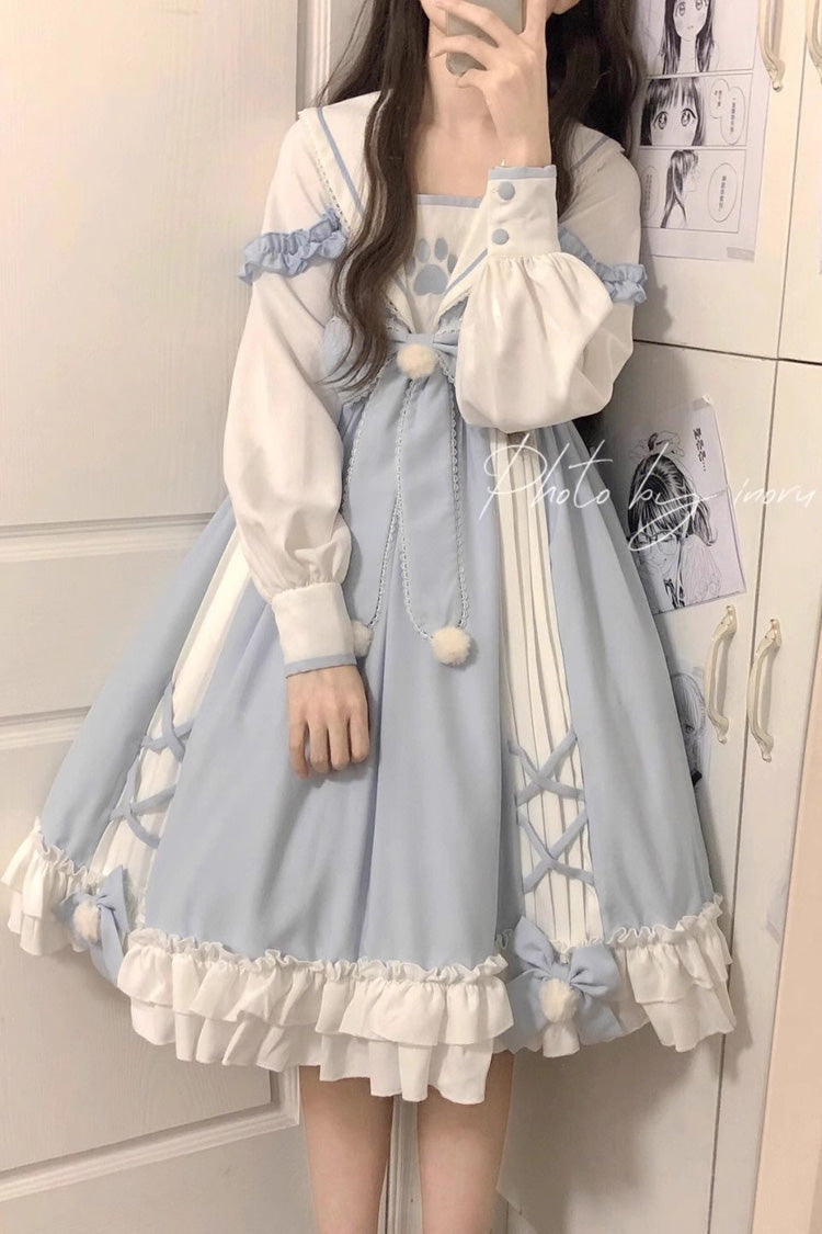 White and Blue Sailor Collar Ruffle Bow Sweet Lolita Dress
