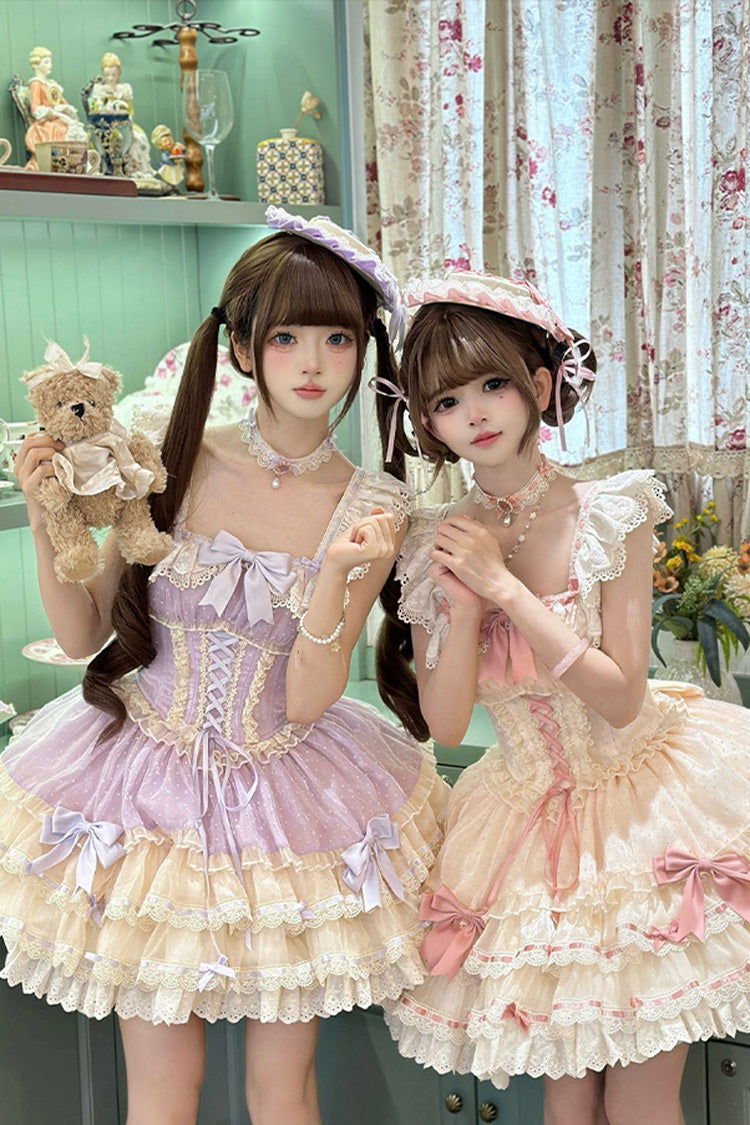 Flory Butterfly Violet Double-Layered Ruffle Bowknot Lace-Up Ballet Lolita JSK - Flory Butterfly