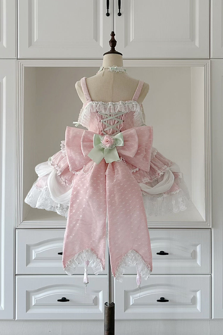 Sleeveless Ruffle Embroidery Bow Lace Pearl Sweet Lolita Jumper Dress - Pink