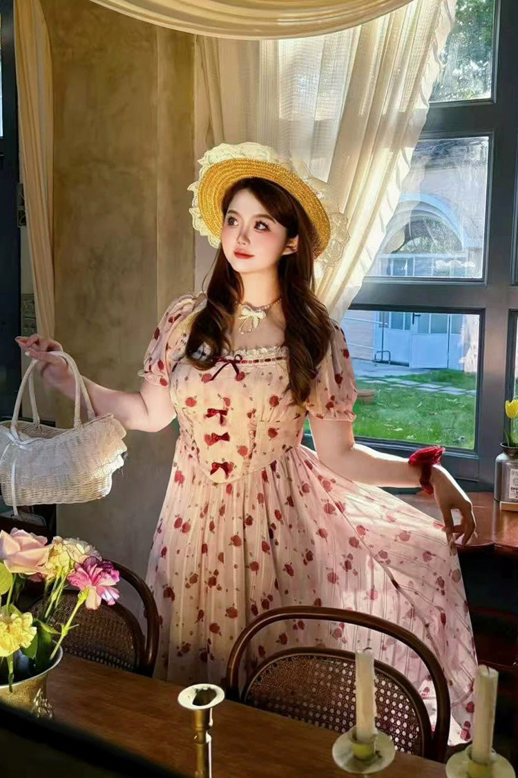 Rose-Printed Square-Collar Ruffled High-Waist Sweet Jumper Dress in Blush Pink