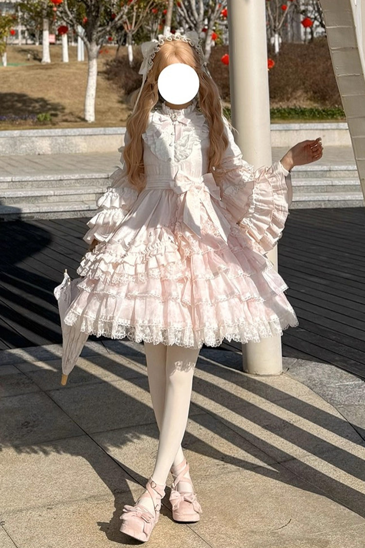 Pink Soloist Doll Long Hime Sleeve Multi-Layer Print Ruffle Bow Asymmetrical Sweet Lolita