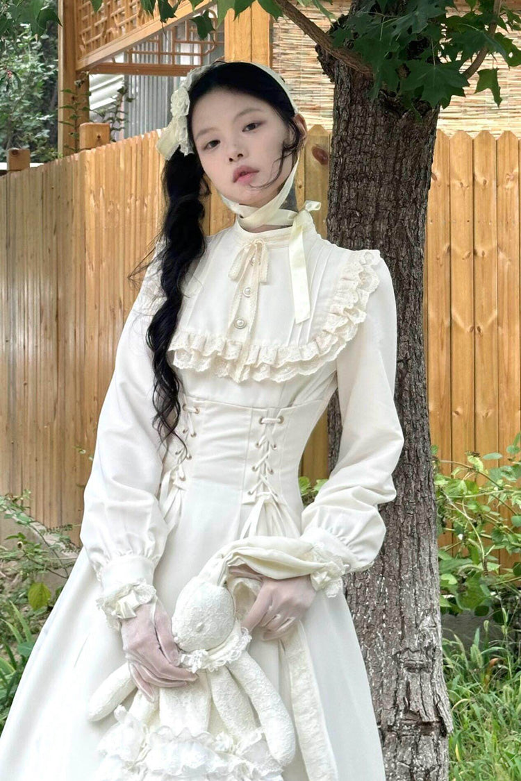 Gothic Apricot Stand Collar Long Sleeve Ruffled Lace-Up Lolita Dress