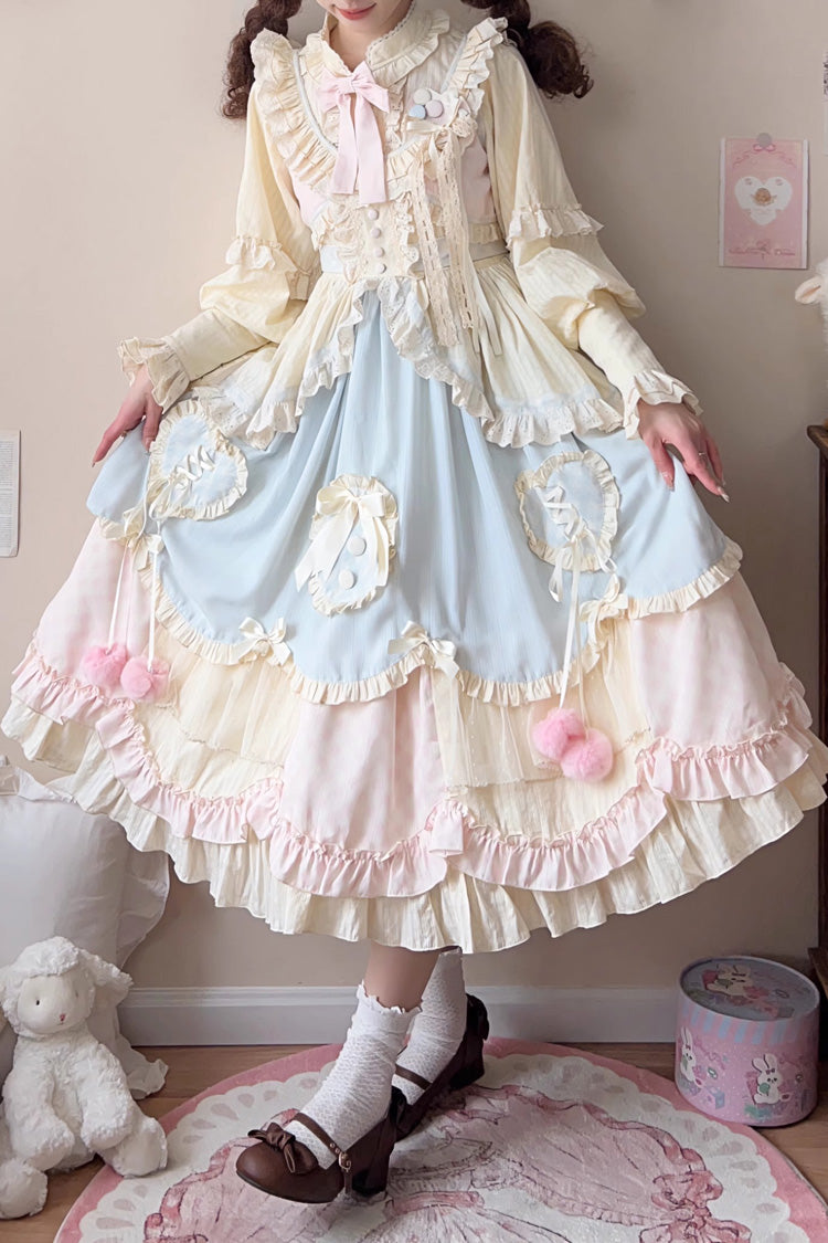 Sleeveless Multi-Layer Ruffle Bow Lace Sweet Lolita Jumper Dress Long - Multi Color