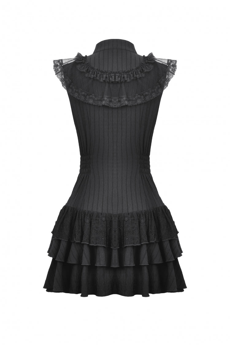 Gothic Sleeveless Black Lace Bow-Accented High-Neck Triple-Tiered Hem Long Dress