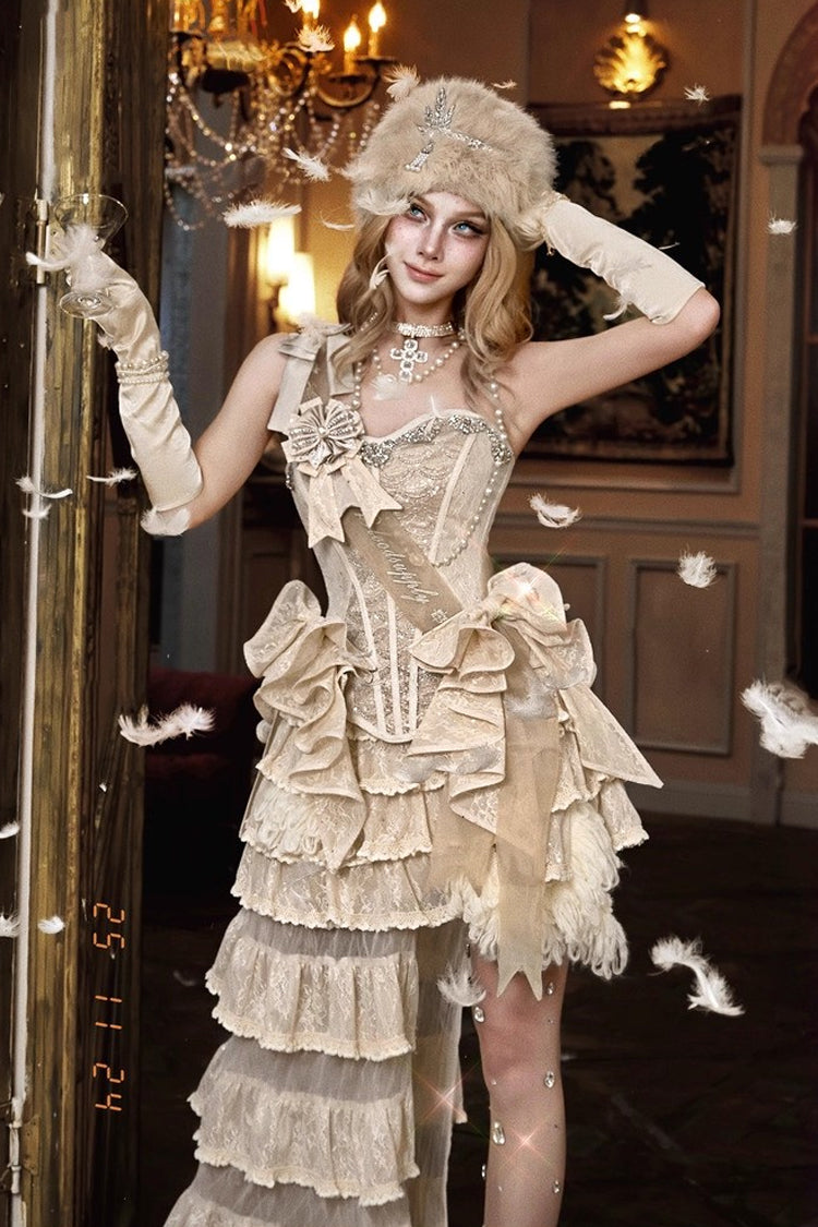 Light Brown Slavic Noble Lady Sleeveless Multi-Tiered Sparkling Diamonds Ruffled Bow Lace-Up Irregular Gothic Elegant Lolita Skirt Corset Set
