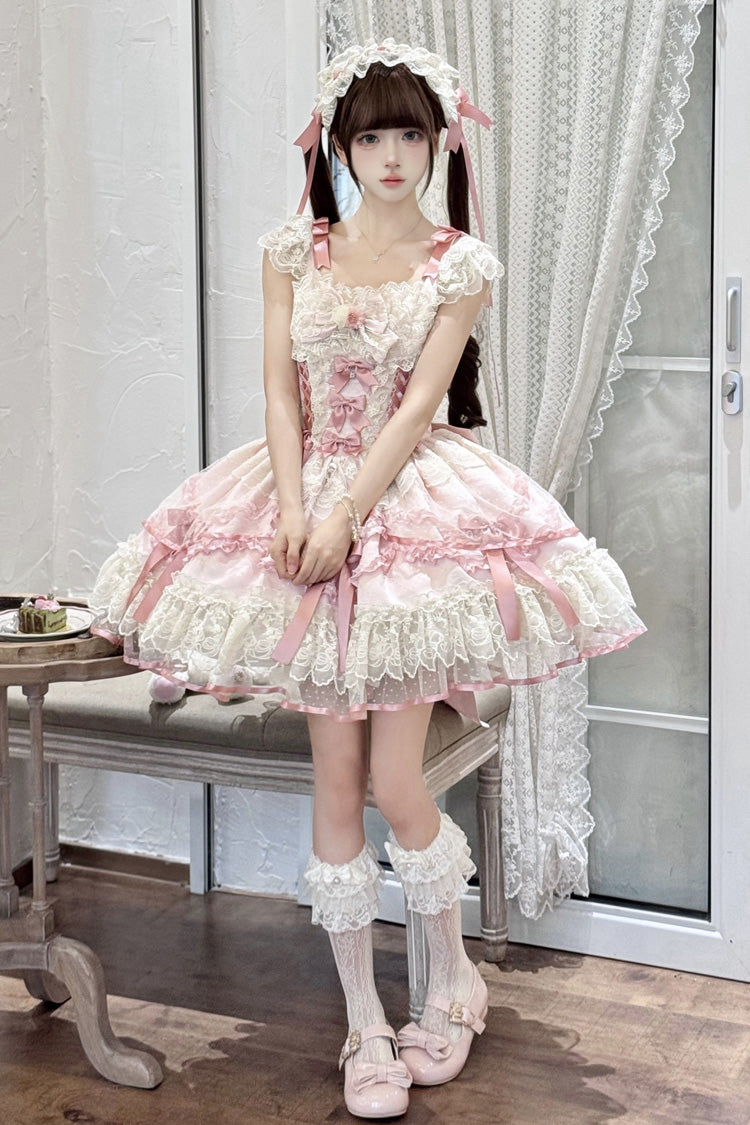 Dreaming Butterfly Pink Multi-Layered Jacquard Ruffle Bowknot Lace Sweet Princess JSK Dress