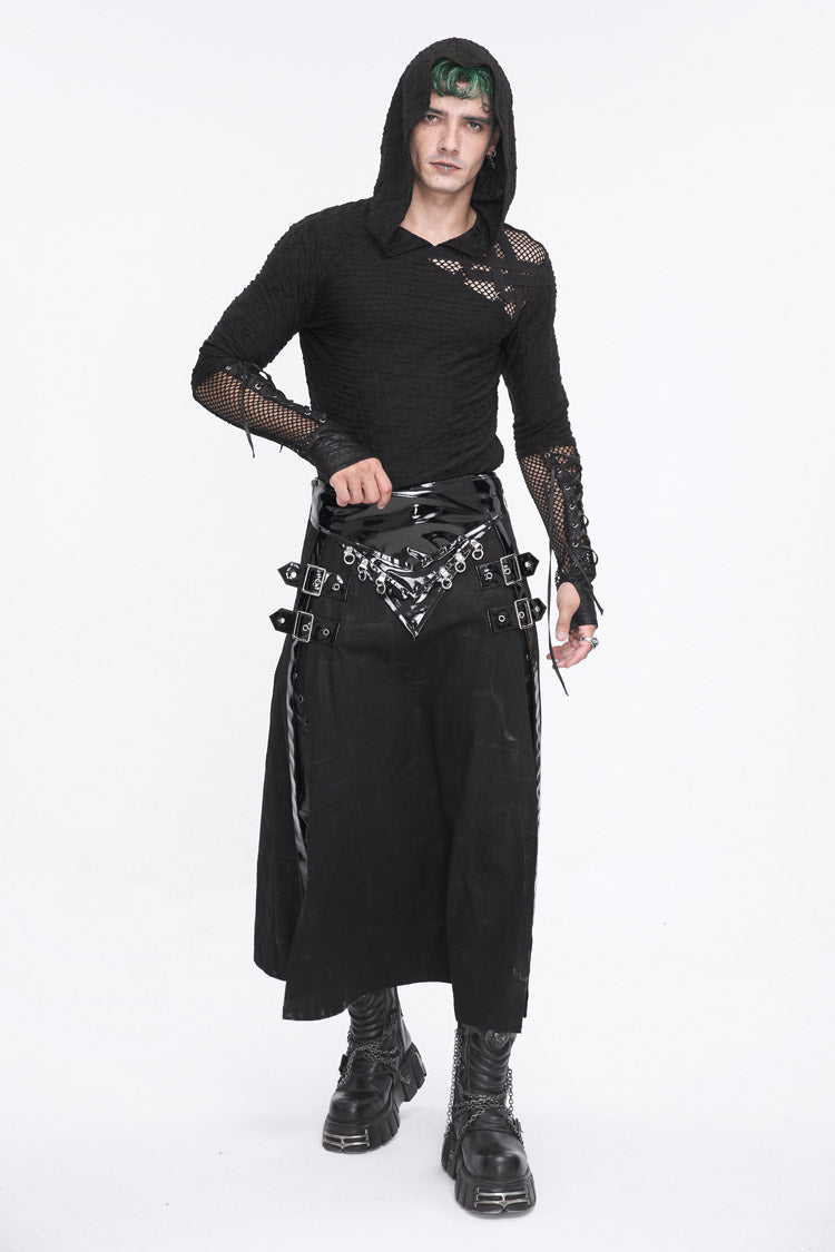Mesh Spliced Long Sleeve Punk Hoodie for Men with Lace-Up Front