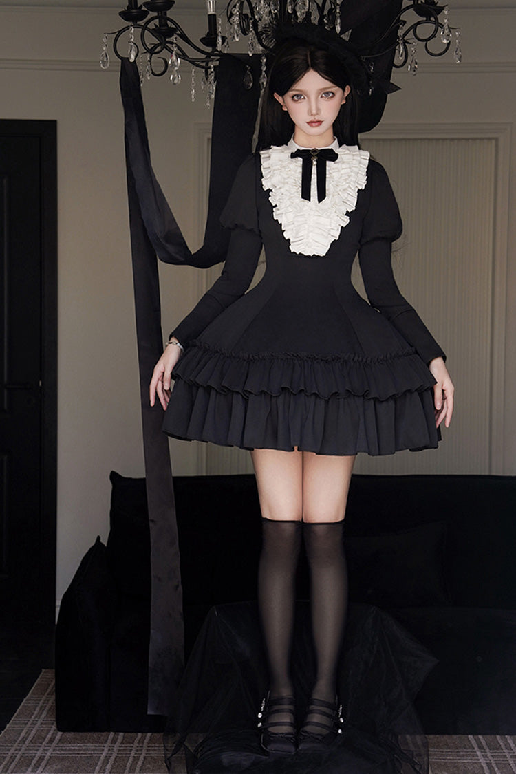 Black Miss Weir Stand Collar Long Sleeved Double-Layered Ruffled Gothic Dress