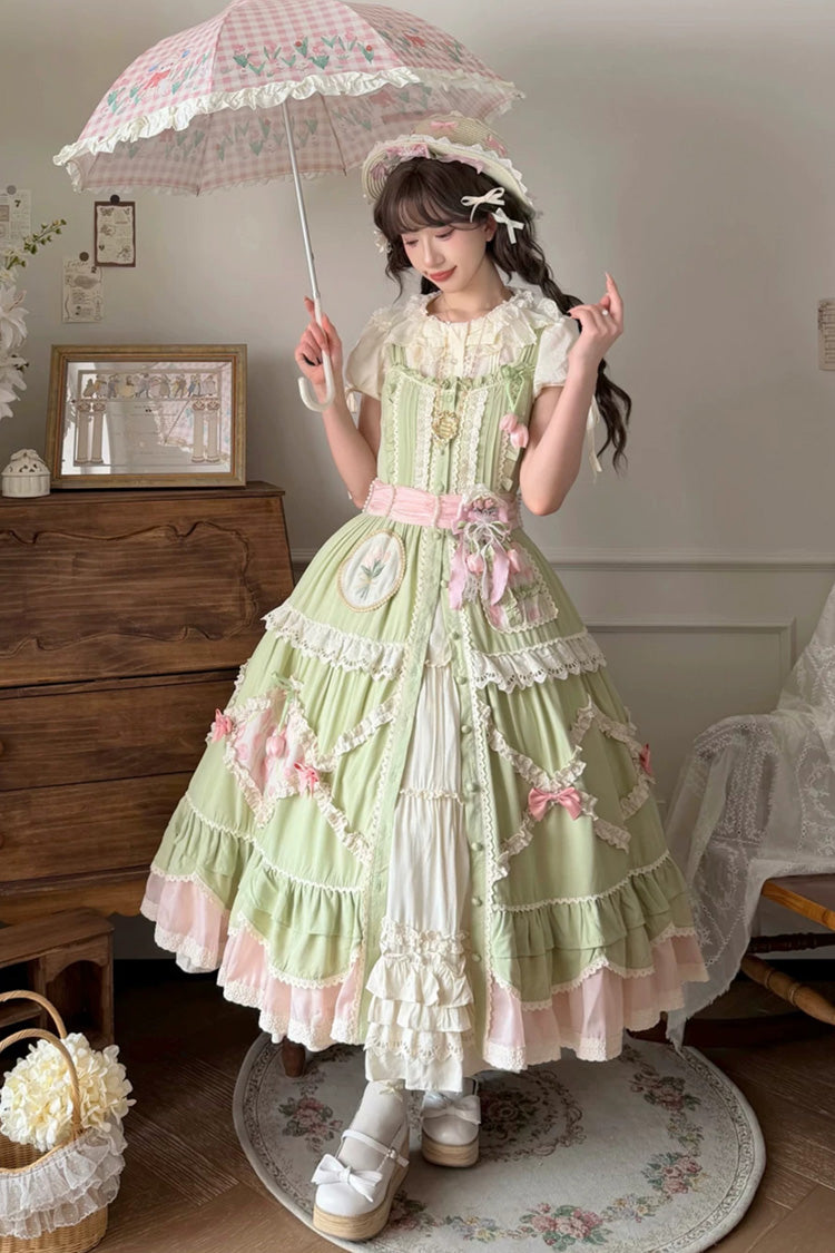Sweet Lolita JSK Dress with Ruffled Open-Front Bow - Green