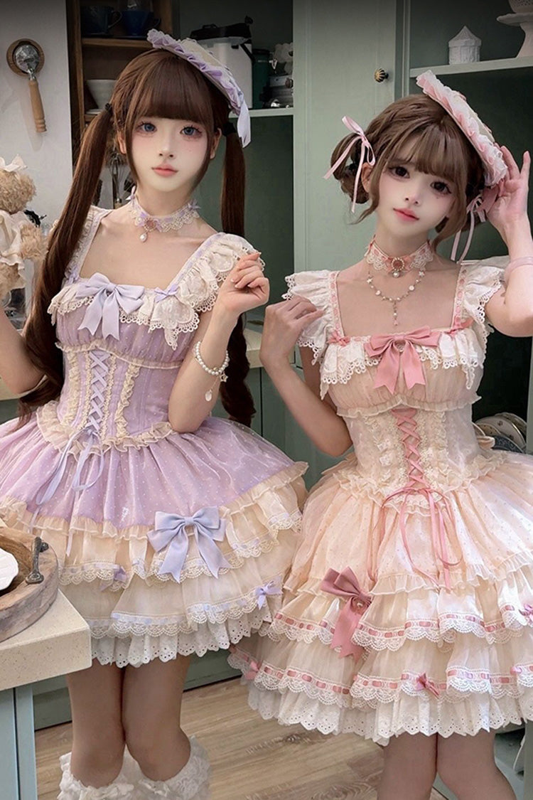 Flory Butterfly Violet Double-Layered Ruffle Bowknot Lace-Up Ballet Lolita JSK - Flory Butterfly