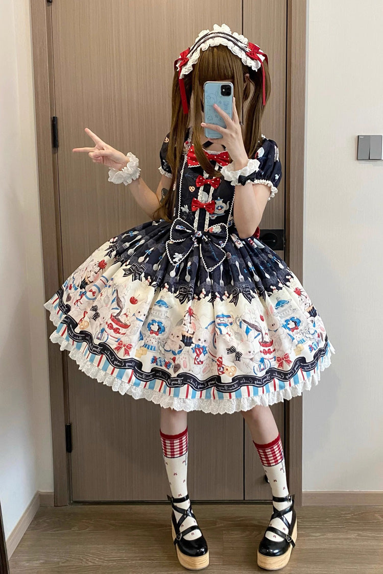 Square Collar Short Sleeve Print Ruffle Sweet Lolita Dress Black