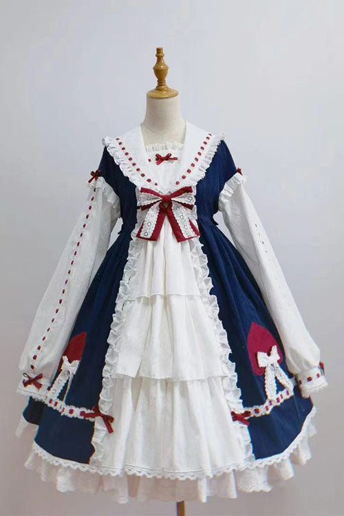 Cerulean and Ivory Round Collar Bow Long Sleeve Multi-Layer Ruffled Sweet Lolita OP Gown