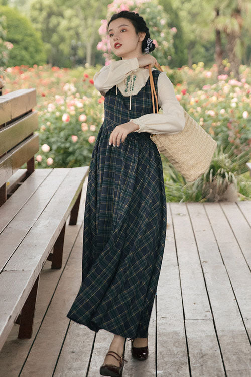 Vintage Plaid High-Waisted Lolita Dress with Embroidery