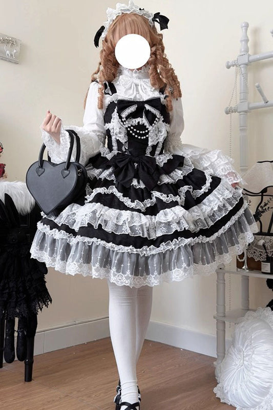 Black Love and Heart Flutter Sleeveless Multi-Layered Ruffle Bowknot Lace Pearl Sweet Lolita Jsk Dress