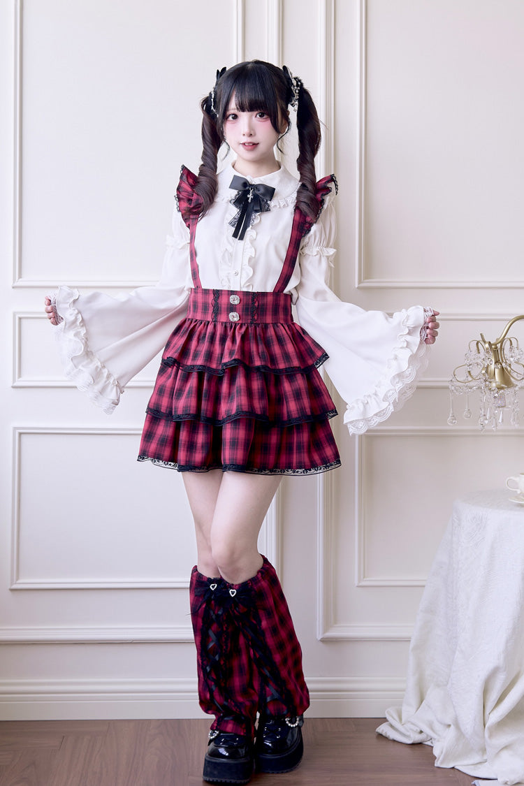 Triple-Layered Plaid Frilly Gothic Jirai Kei Strap Dress - Red
