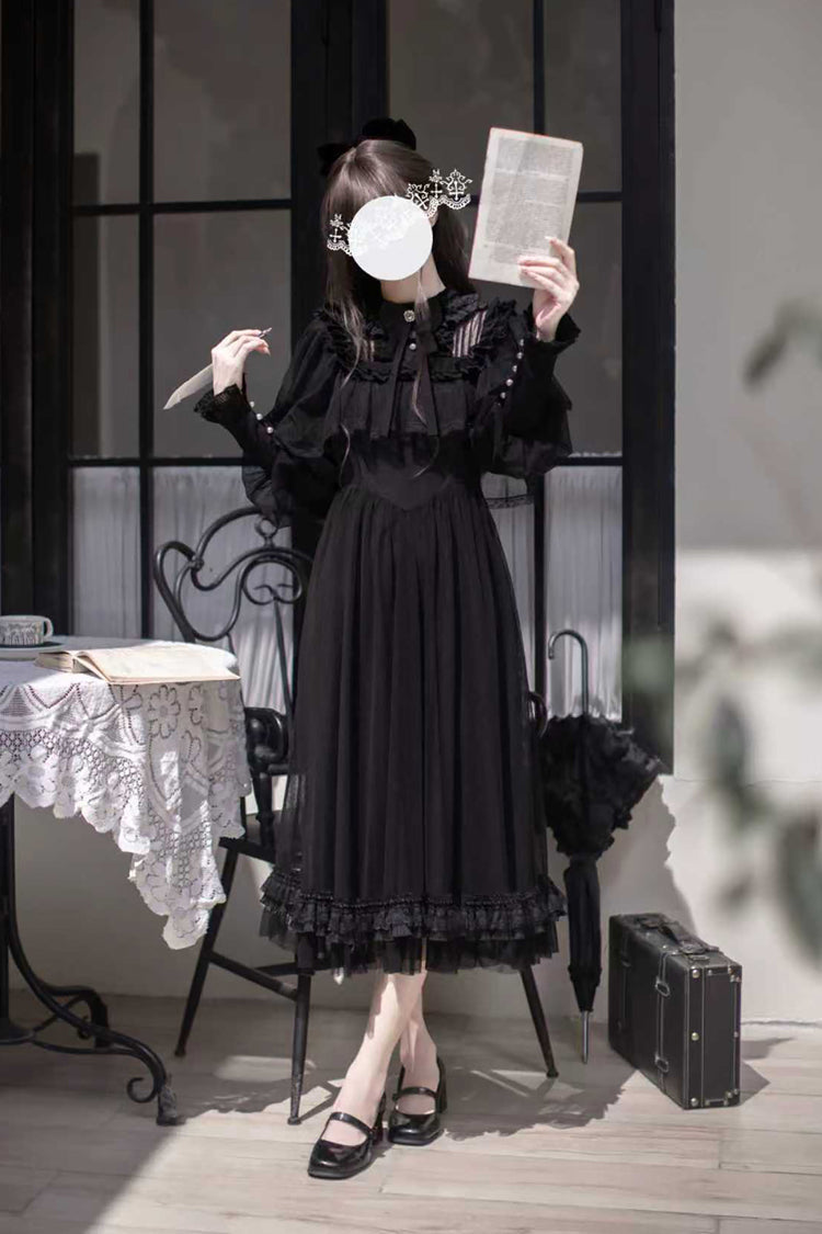 Midnight Lace-Sleeved Bow Detail Elegant Gown - Enchanted Nightdream