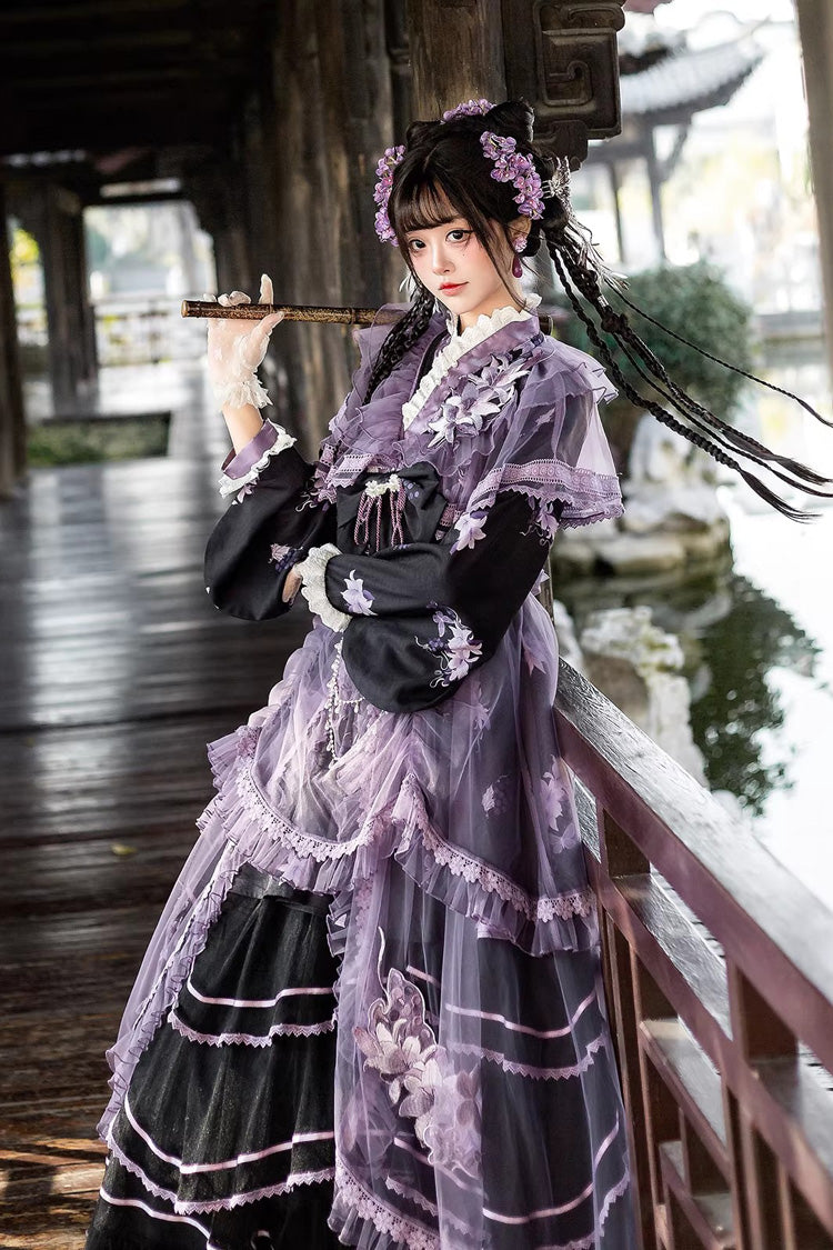 Purple Stand-Collar Embroidered Bow Elegant Chinese-Style Lolita Dress Set