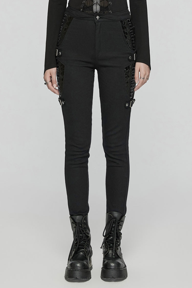 Glossy Vinyl Stitched Punk Trousers for Women