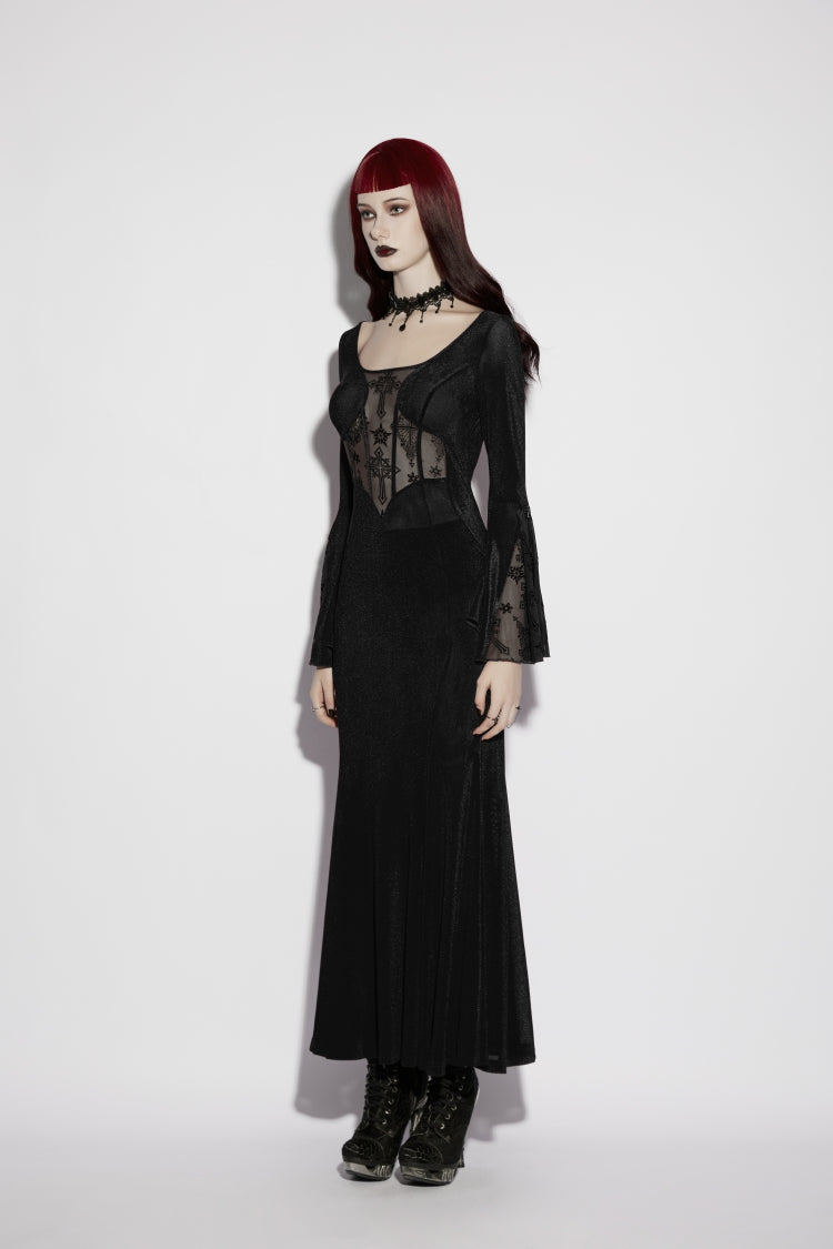 Black Round Collar Long Trumpet Sleeve Spliced Lace Lace-Up Mesh Eyelet Gothic Dress