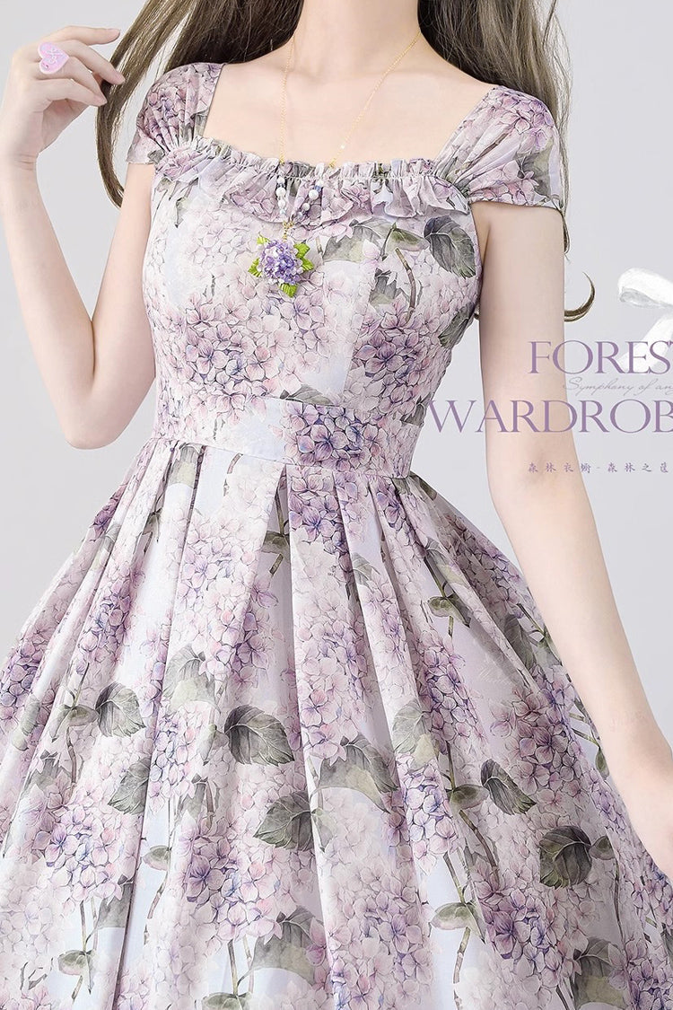 Forest Basket Violet Hydrangea Print Bowknot Chiffon Elegant Lolita JSK - Forest Basket
