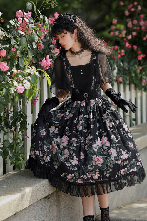 Black French Rose Print Square Collar Ruffled Classic Lolita OP Dress - Altfashion Shop