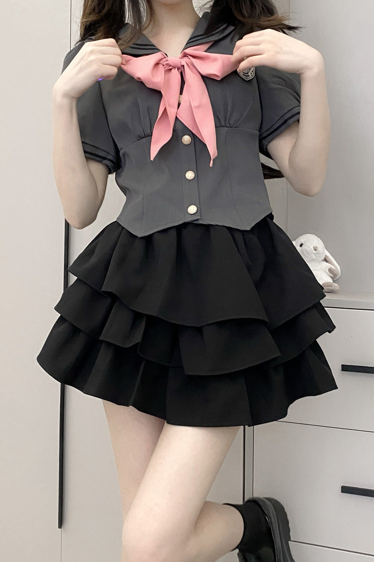Sweet College Style Skirt Set with Ruffle Bowknot