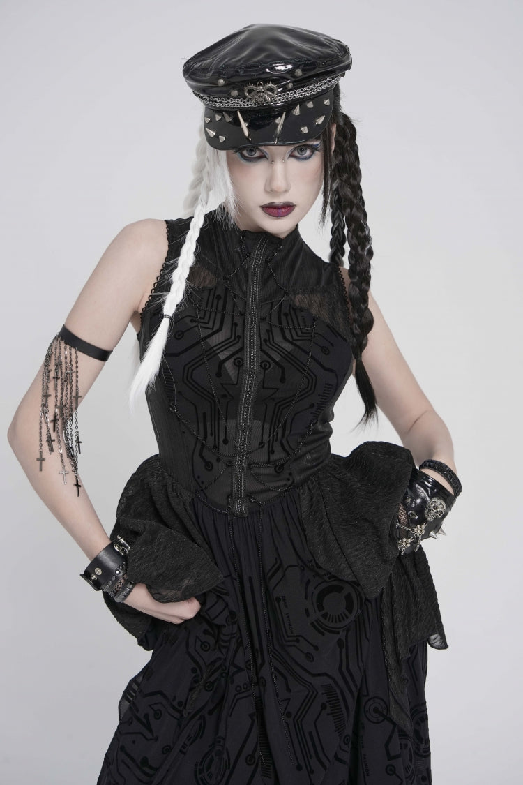 Stand Collar Sleeveless Multi-Layered Printed Sheer Punk Elegant Gorgeous Dress