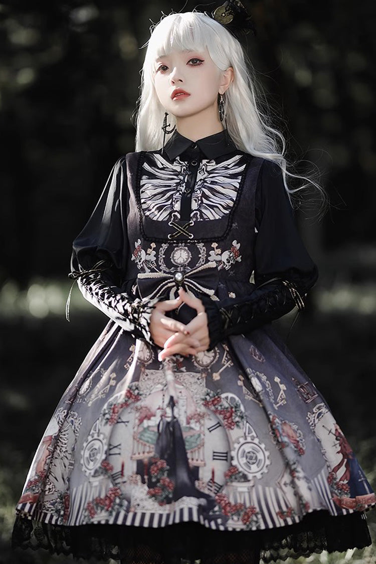 Navy Fairy Tale Print Ruffle Bowknot Gothic Lolita JSK Two-Tone