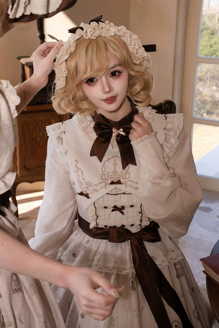 Cream Forest Tailor Shop Square Collar Printed Bow Frilled Sweet Lolita JSK Dress