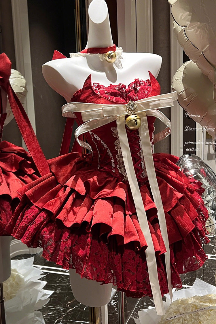 Red Sleeveless Triple-Layered Ruffle Hollow Bow Lace-Up Ballet Dress