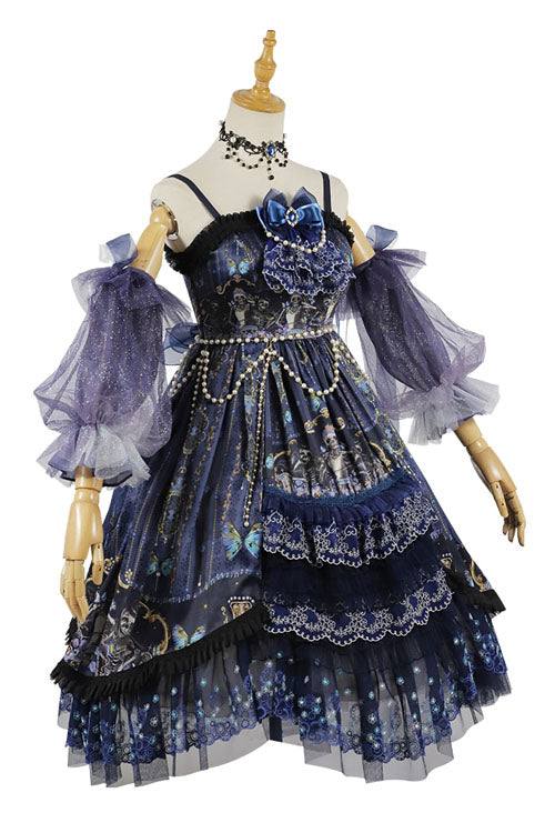 Azure Gothic Tiered JSK with Skull Print and Pearl Chain