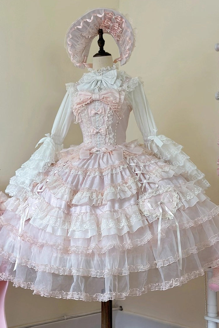Pink Multi-Layered Ruffled Hanayome Embroidered Bow Lace Sweet JSK - Sweetheart Diary