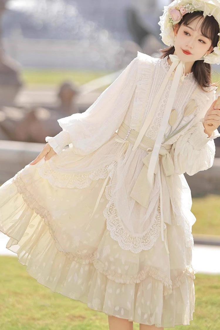 Ivory Mandarin Collar Long Sleeve Print Ruffled Sweet Lolita Gown