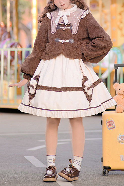 Cream OP Dress - Round Collar Lantern Sleeves Bear Sweet Lolita
