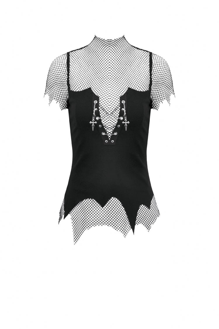 Dark Punk Top with Mesh Cutouts and Chain Embellishments