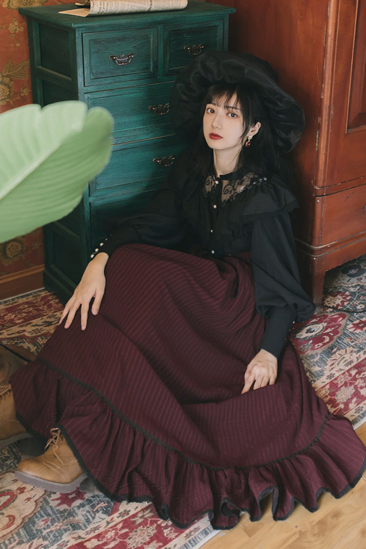 Black/Red High-Waisted Lace Skirt Set with Vintage Print