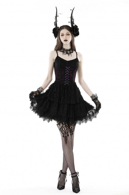 Black/Purple Multi-Layer Lace Lace-Up Gothic Dress