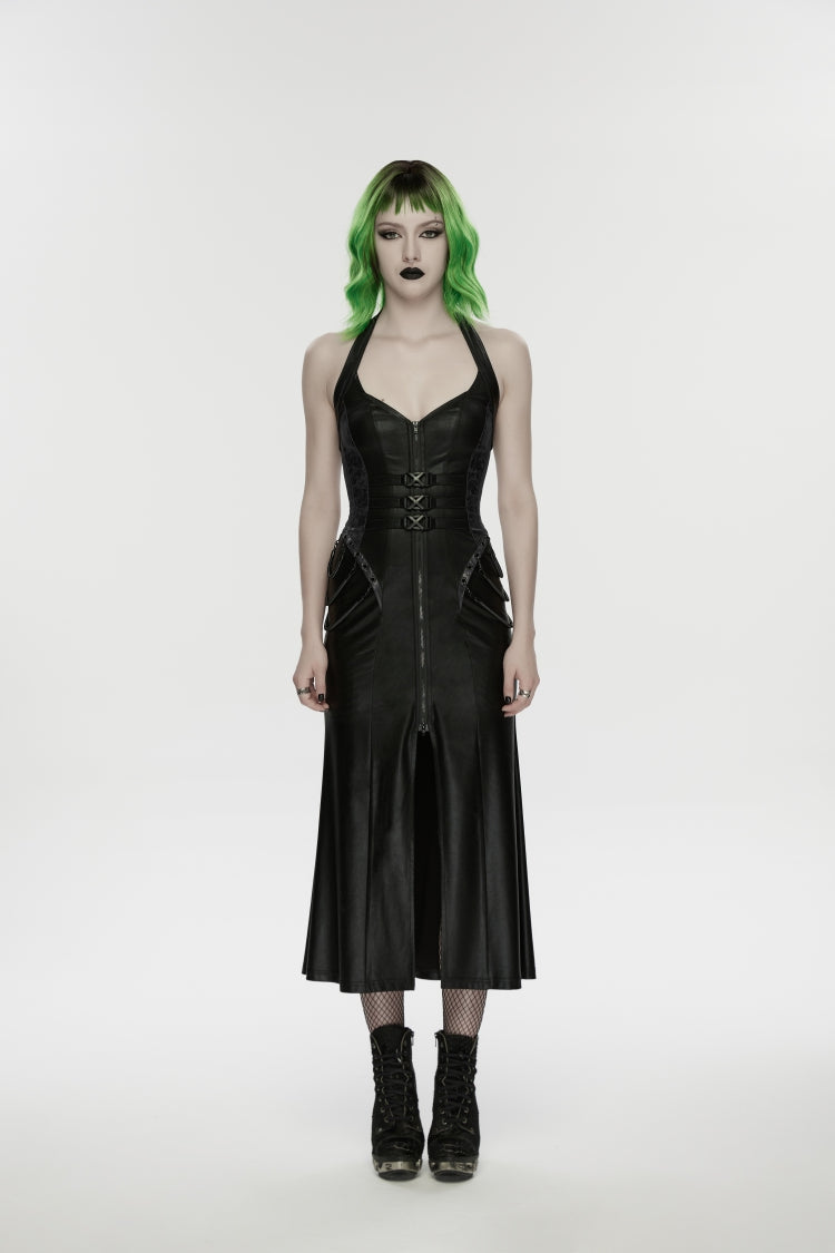 Bold Black Lace-Up Buckled Slim Sleeveless Halter Punk Gown
