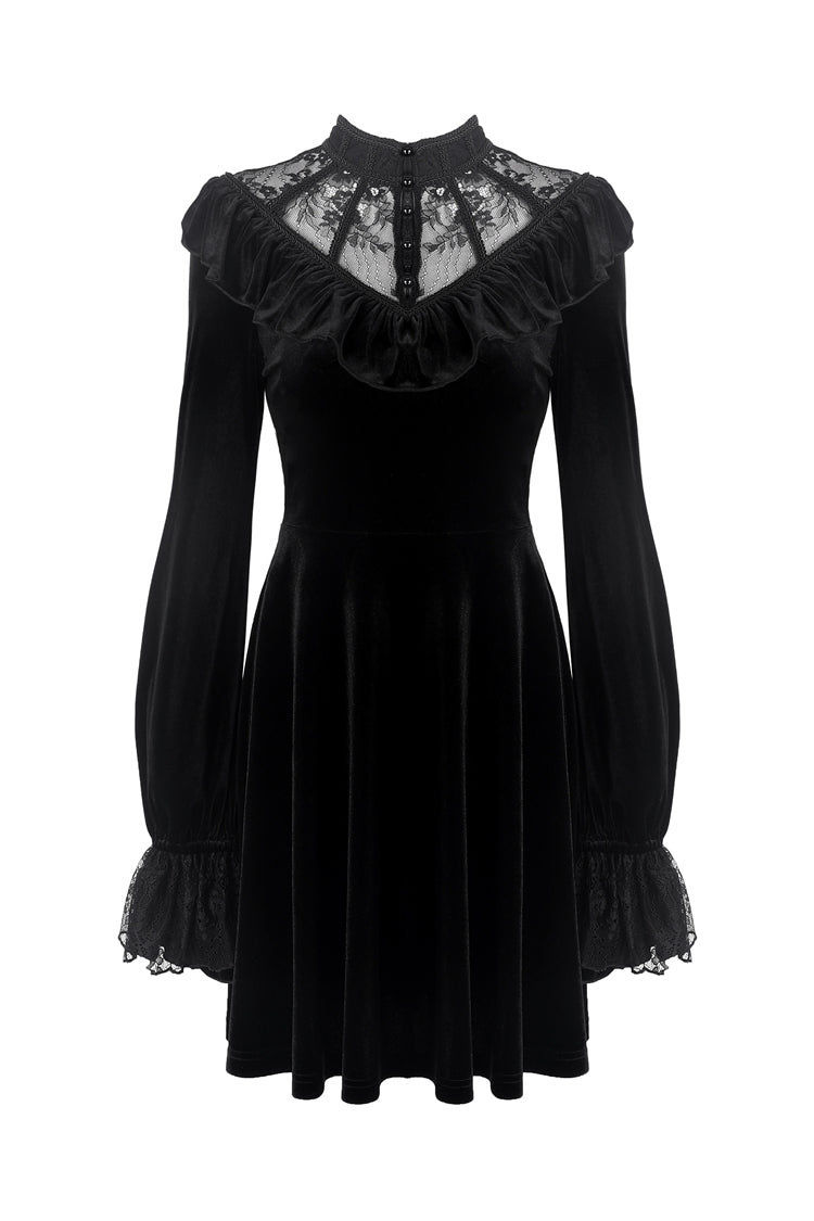 Deep V-Neck Ruched Velvet Lolita Dress with Lace Details