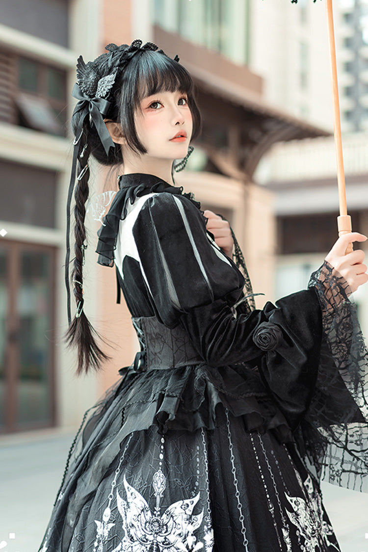 Black Feast of Bones Printed Ruffled Bow Lace Gothic Elegant Long Dress