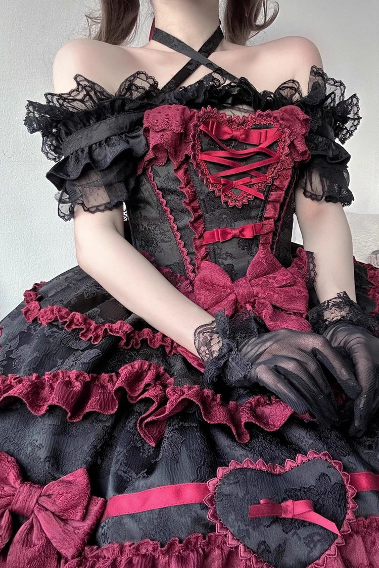 Triple-Layered Ruffle Bow Lace Gothic Jsk Dress